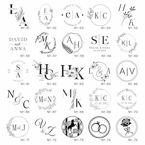 May include: A collection of 25 different black and white rubber stamps with various designs, including initials, names, dates, and floral motifs. The stamps are arranged in a grid pattern on a white background.