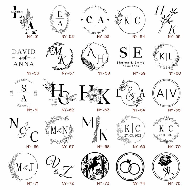 May include: A collection of 25 different black and white rubber stamps with various designs, including initials, names, dates, and floral motifs. The stamps are arranged in a grid pattern on a white background.