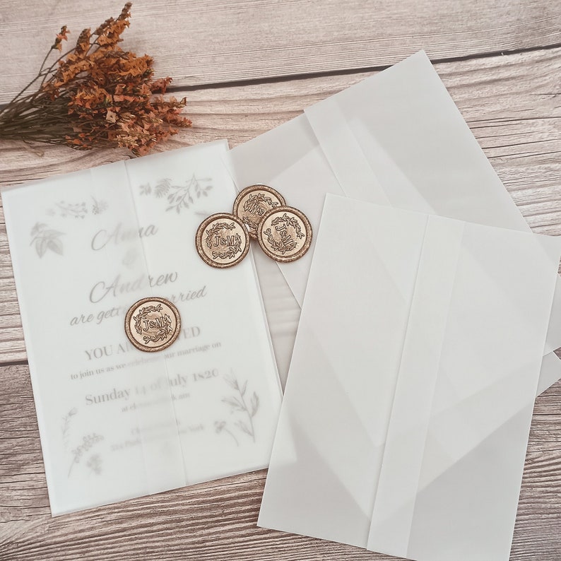 Pre-folded Vellum Jacket and Wax Seal Set Sized for 5x7 Invitations, Vellum Sleeve, Vellum Wrap, Translucent Vellum, Cut Into Any Size image 1
