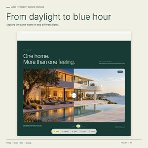 LUMA signature feature in use: from daylight to blue hour. Explore the same home in two different lights.