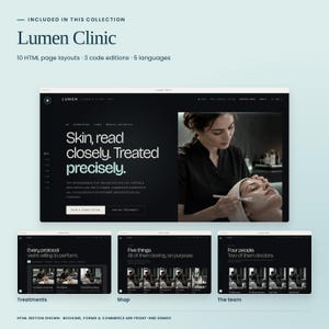 Lumen Clinic, included in Coastal Clinical Collection: actual HTML homepage, treatment menu, shop and team previews. Three code editions and five languages included. Booking and commerce are front-end demonstrations.