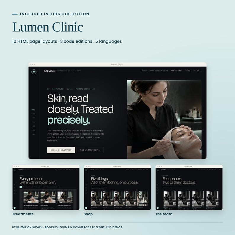 Lumen Clinic, included in Coastal Clinical Collection: actual HTML homepage, treatment menu, shop and team previews. Three code editions and five languages included. Booking and commerce are front-end demonstrations.
