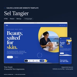 Sel Tangier website template with a large actual homepage preview and mobile layout. HTML, React and Next.js code editions and five languages included. HTML edition shown.