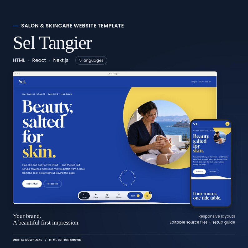 Sel Tangier website template with a large actual homepage preview and mobile layout. HTML, React and Next.js code editions and five languages included. HTML edition shown.