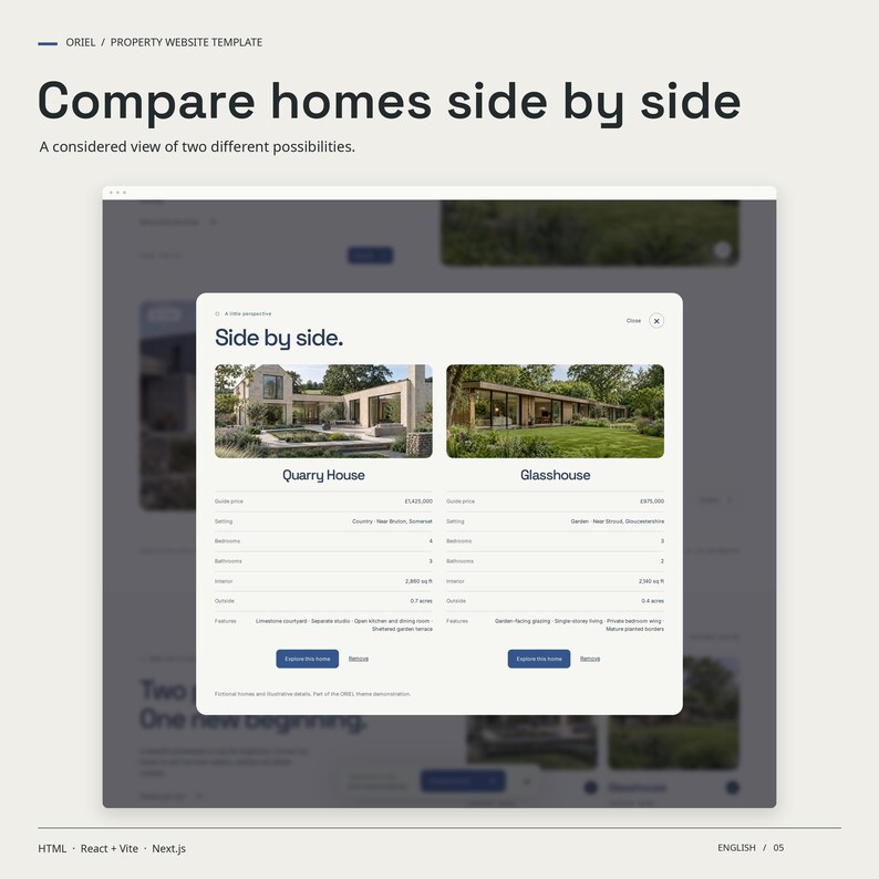 ORIEL signature feature in use: compare homes side by side. A considered view of two different possibilities.