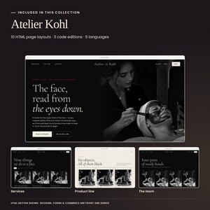 Atelier Kohl, included in Noir Editorial Collection: actual HTML homepage, treatment menu, shop and team previews. Three code editions and five languages included. Booking and commerce are front-end demonstrations.