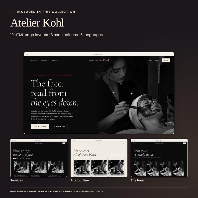 Atelier Kohl, included in Noir Editorial Collection: actual HTML homepage, treatment menu, shop and team previews. Three code editions and five languages included. Booking and commerce are front-end demonstrations.