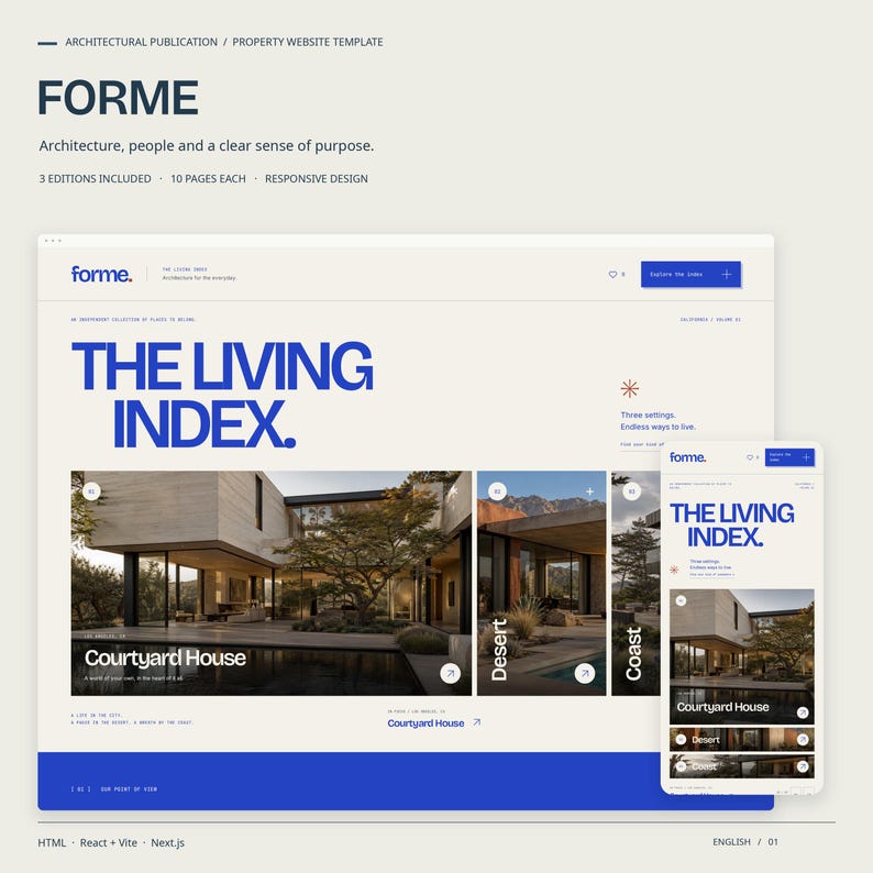 FORME property website template in its architectural publication style, with actual desktop and mobile HTML homepage views.