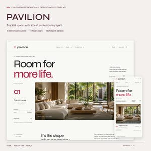 PAVILION property website template in its contemporary showroom style, with actual desktop and mobile HTML homepage views.