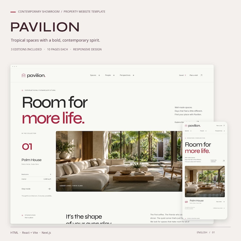 PAVILION property website template in its contemporary showroom style, with actual desktop and mobile HTML homepage views.