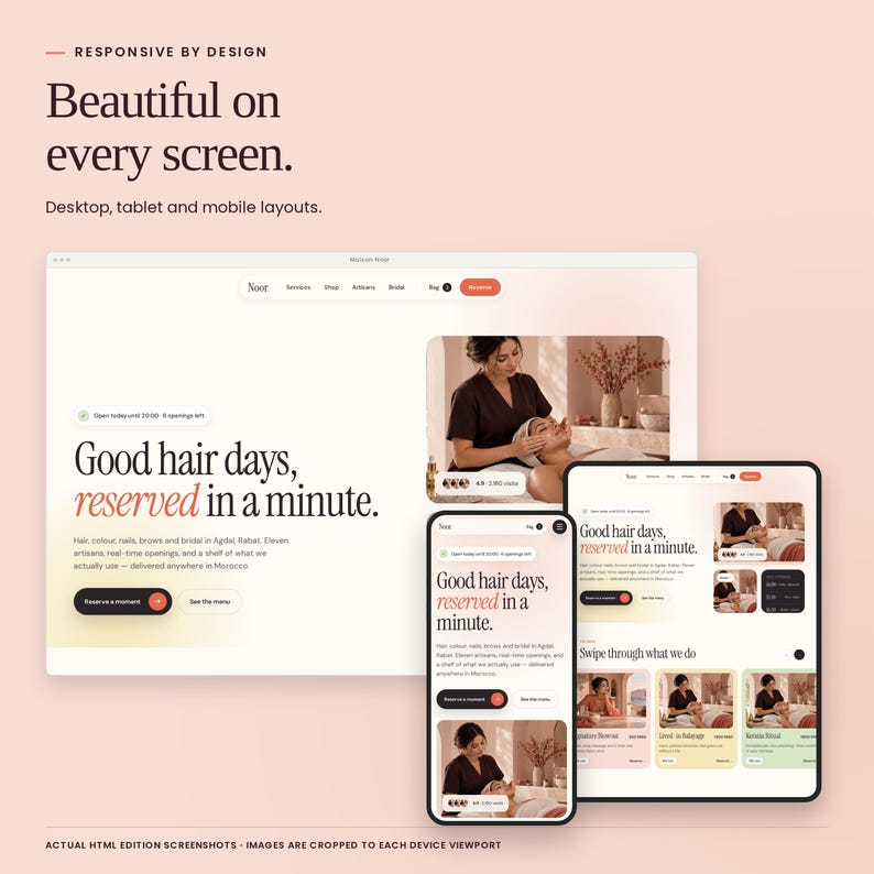 Maison Noor: actual responsive HTML layouts for desktop, tablet and mobile.