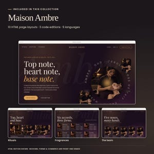 Maison Ambre, included in Noir Editorial Collection: actual HTML homepage, treatment menu, shop and team previews. Three code editions and five languages included. Booking and commerce are front-end demonstrations.