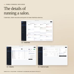 Rabia Console appointment calendar, client records and point of sale demo screens. Separate front-end project with sample data; no backend or storefront integration included.
