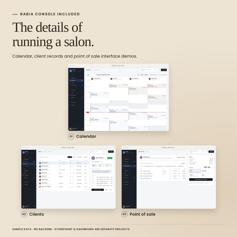 Rabia Console appointment calendar, client records and point of sale demo screens. Separate front-end project with sample data; no backend or storefront integration included.