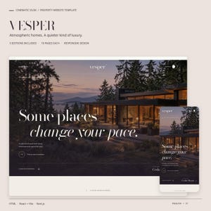 VESPER property website template in its cinematic dusk style, with actual desktop and mobile HTML homepage views.
