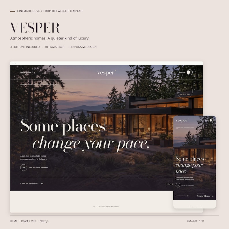 VESPER property website template in its cinematic dusk style, with actual desktop and mobile HTML homepage views.