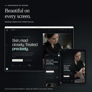Puede incluir: Una maqueta digital que muestra un dise&ntilde;o web adaptable en pantallas de escritorio, tableta y m&oacute;vil. La interfaz presenta un tema oscuro con texto blanco que dice "Skin, read closely. Treated precisely." e incluye men&uacute;s de navegaci&oacute;n.