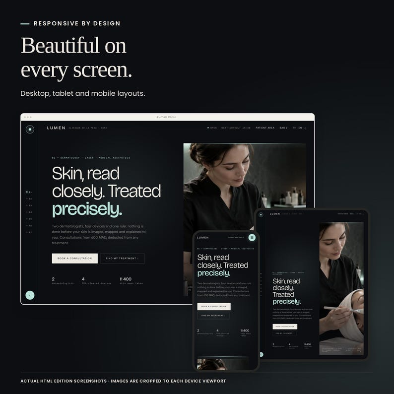 Puede incluir: Una maqueta digital que muestra un dise&ntilde;o web adaptable en pantallas de escritorio, tableta y m&oacute;vil. La interfaz presenta un tema oscuro con texto blanco que dice "Skin, read closely. Treated precisely." e incluye men&uacute;s de navegaci&oacute;n.