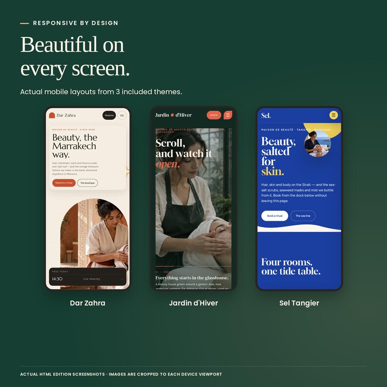 Botanical Ritual Collection: actual mobile HTML layouts from Dar Zahra, Jardin d'Hiver, Sel Tangier.