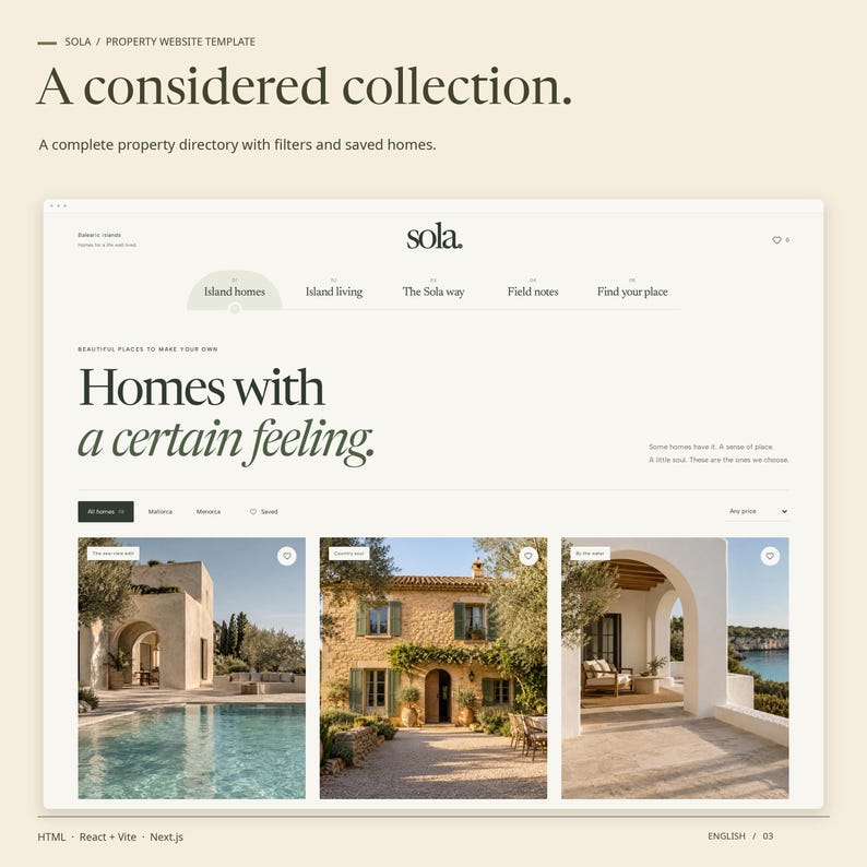 SOLA HTML property collection with included property imagery, filters and saved-home controls.