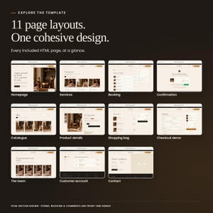 Rabia Storefront: an overview of included HTML page layouts. Screens include the homepage, service menu, shop, customer account and contact page. Front-end demonstration screens.