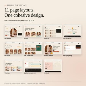 Dar Zahra: an overview of included HTML page layouts. Screens include the homepage, service menu, shop, customer account and contact page. Front-end demonstration screens.