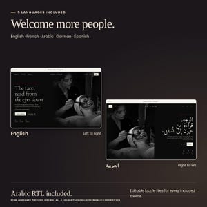 Atelier Kohl shown in English and Arabic with right-to-left layout. Each theme in Noir Editorial Collection includes English, French, Arabic, German and Spanish locale files.
