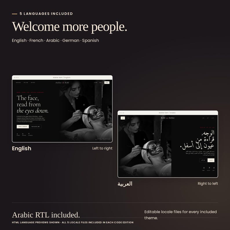 Atelier Kohl shown in English and Arabic with right-to-left layout. Each theme in Noir Editorial Collection includes English, French, Arabic, German and Spanish locale files.