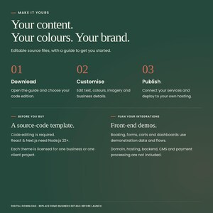 Jardin d'Hiver: download, customise text, colours and imagery, then deploy to your own hosting. Code editing required; React and Next.js need Node.js 22+. Booking, forms, carts and dashboards are front-end demos. Hosting, backend, CMS and payment processing are not included.