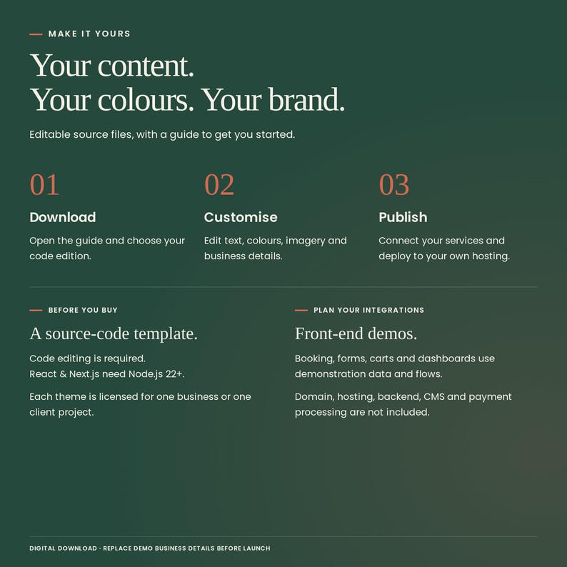 Jardin d'Hiver: download, customise text, colours and imagery, then deploy to your own hosting. Code editing required; React and Next.js need Node.js 22+. Booking, forms, carts and dashboards are front-end demos. Hosting, backend, CMS and payment processing are not included.