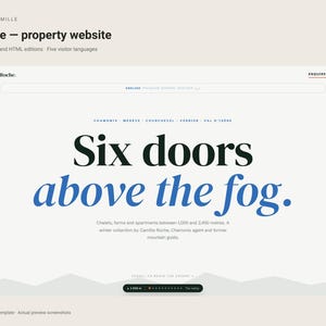 May include: A website interface for Camille property listings featuring the text Six doors above the fog in black and blue serif font. The layout includes navigation for Chamonix, Megeve, Courchevel, Verbier, and Val d'Isere, with a light gray background and mountain graphic elements at the bottom.
