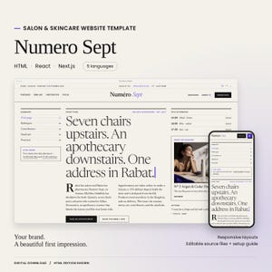 Numero Sept website template with a large actual homepage preview and mobile layout. HTML, React and Next.js code editions and five languages included. HTML edition shown.