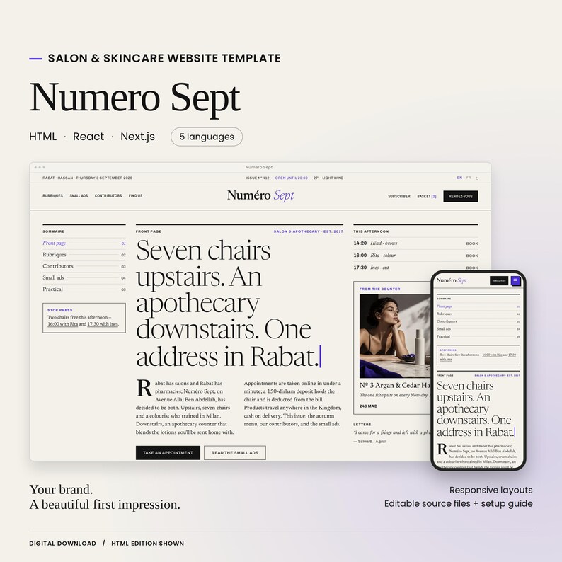 Numero Sept website template with a large actual homepage preview and mobile layout. HTML, React and Next.js code editions and five languages included. HTML edition shown.
