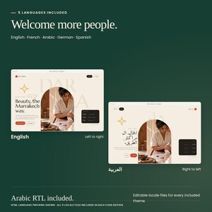 Dar Zahra shown in English and Arabic with right-to-left layout. Each theme in Botanical Ritual Collection includes English, French, Arabic, German and Spanish locale files.