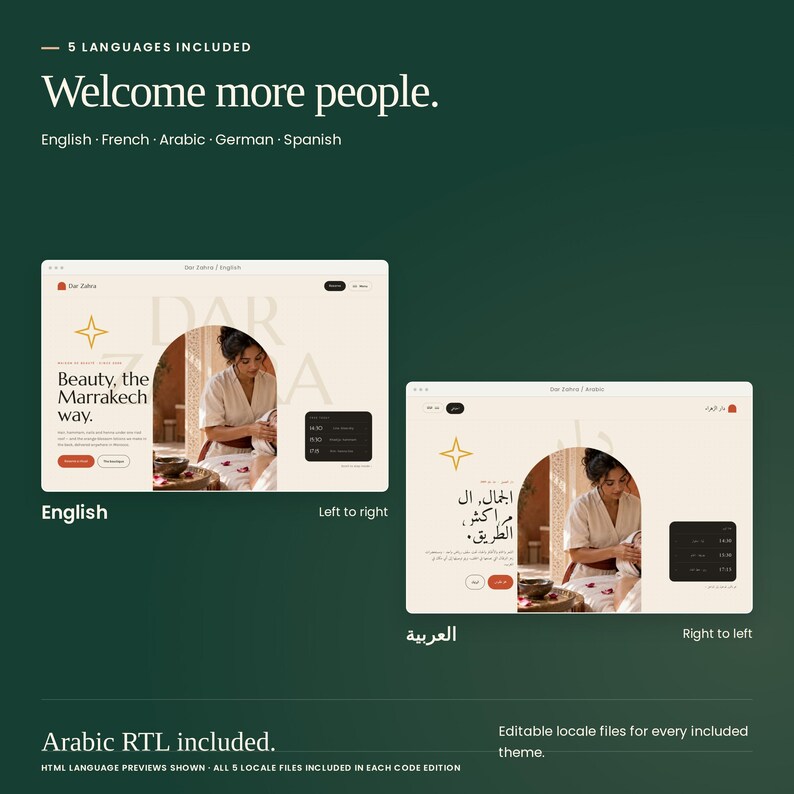 Dar Zahra shown in English and Arabic with right-to-left layout. Each theme in Botanical Ritual Collection includes English, French, Arabic, German and Spanish locale files.