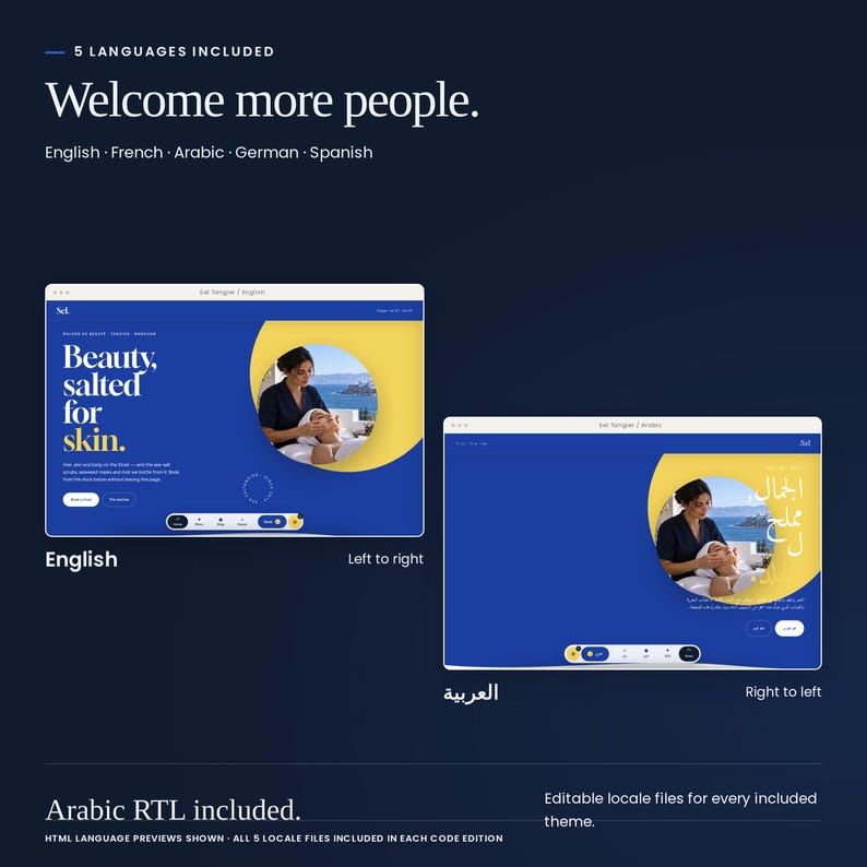 Sel Tangier: English and Arabic HTML previews, with right-to-left Arabic layout. French, German and Spanish locale files are also included.