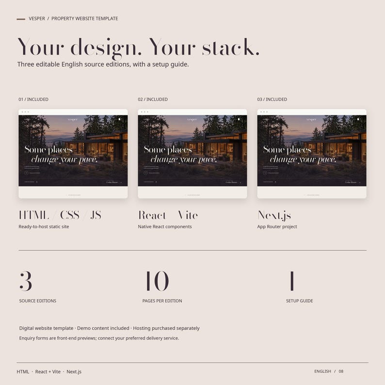 VESPER includes three English source editions: actual HTML, React plus Vite and Next.js homepage captures, with ten pages per edition and a setup guide.