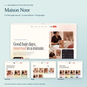 Maison Noor, included in Coastal Clinical Collection: actual HTML homepage, treatment menu, shop and team previews. Three code editions and five languages included. Booking and commerce are front-end demonstrations.