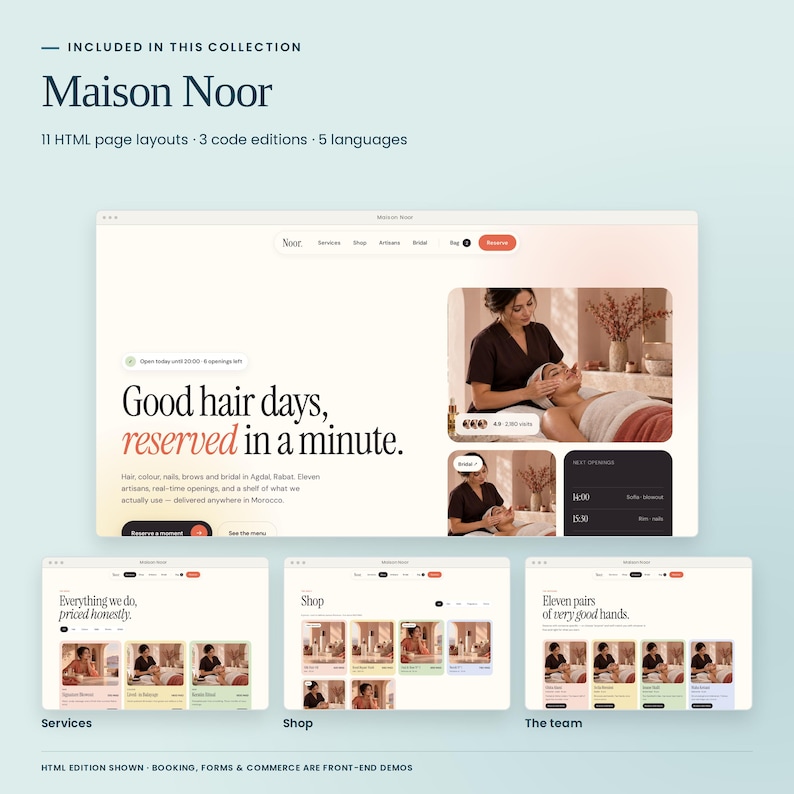 Maison Noor, included in Coastal Clinical Collection: actual HTML homepage, treatment menu, shop and team previews. Three code editions and five languages included. Booking and commerce are front-end demonstrations.