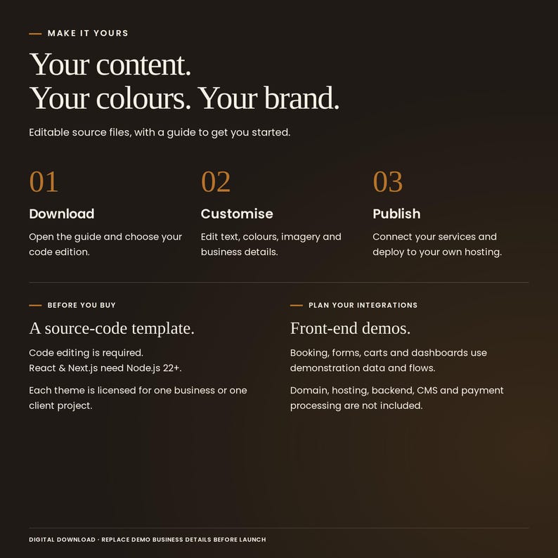 Rabia Storefront: download, customise text, colours and imagery, then deploy to your own hosting. Code editing required; React and Next.js need Node.js 22+. Booking, forms, carts and dashboards are front-end demos. Hosting, backend, CMS and payment processing are not included.