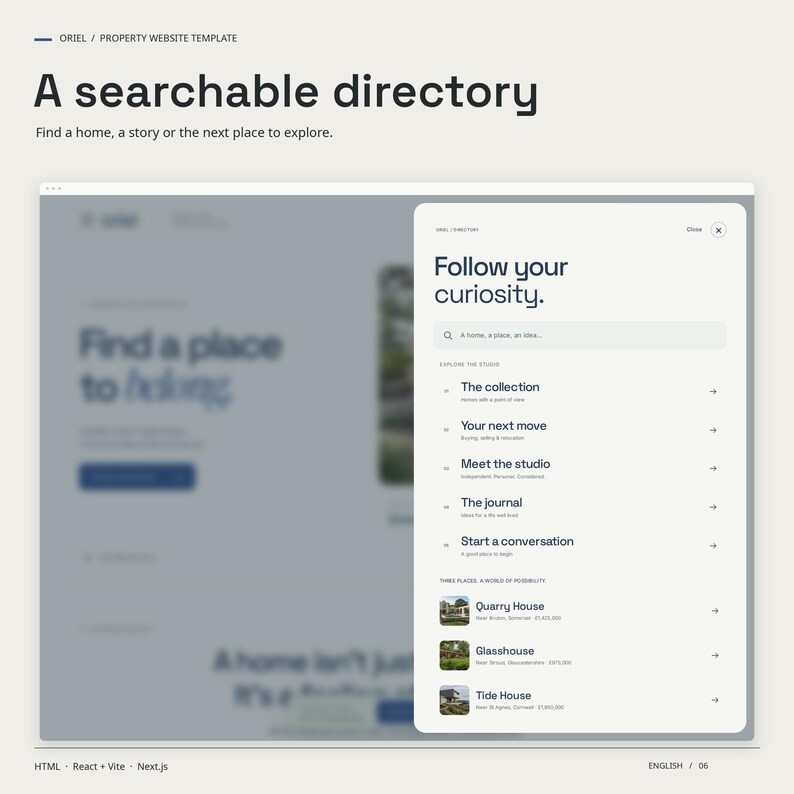 ORIEL HTML navigation view: a searchable directory. Find a home, a story or the next place to explore.