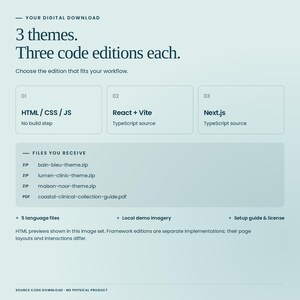 Coastal Clinical Collection digital download: 3 themes, each with HTML/CSS/JavaScript, React with Vite and TypeScript, and Next.js with TypeScript. Includes source files, five languages, local demo imagery, setup guide and license. Framework editions are separate implementations.