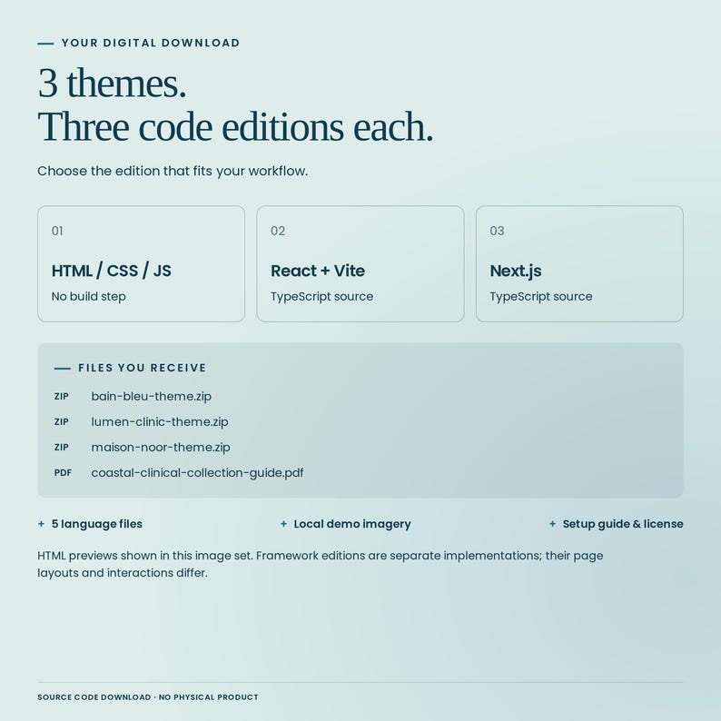 Coastal Clinical Collection digital download: 3 themes, each with HTML/CSS/JavaScript, React with Vite and TypeScript, and Next.js with TypeScript. Includes source files, five languages, local demo imagery, setup guide and license. Framework editions are separate implementations.