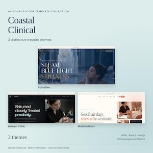 Coastal Clinical Collection: all 3 included themes shown as actual HTML previews: Bain Bleu, Lumen Clinic, Maison Noor. Three code editions and five languages per theme. Separate source-code projects.