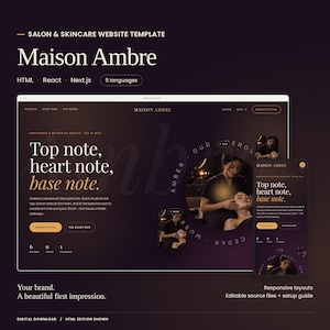 Maison Ambre website template with a large actual homepage preview and mobile layout. HTML, React and Next.js code editions and five languages included. HTML edition shown.