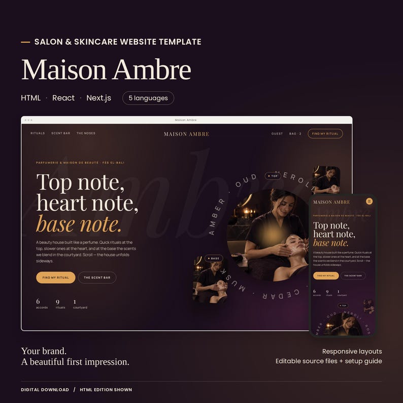 Maison Ambre website template with a large actual homepage preview and mobile layout. HTML, React and Next.js code editions and five languages included. HTML edition shown.