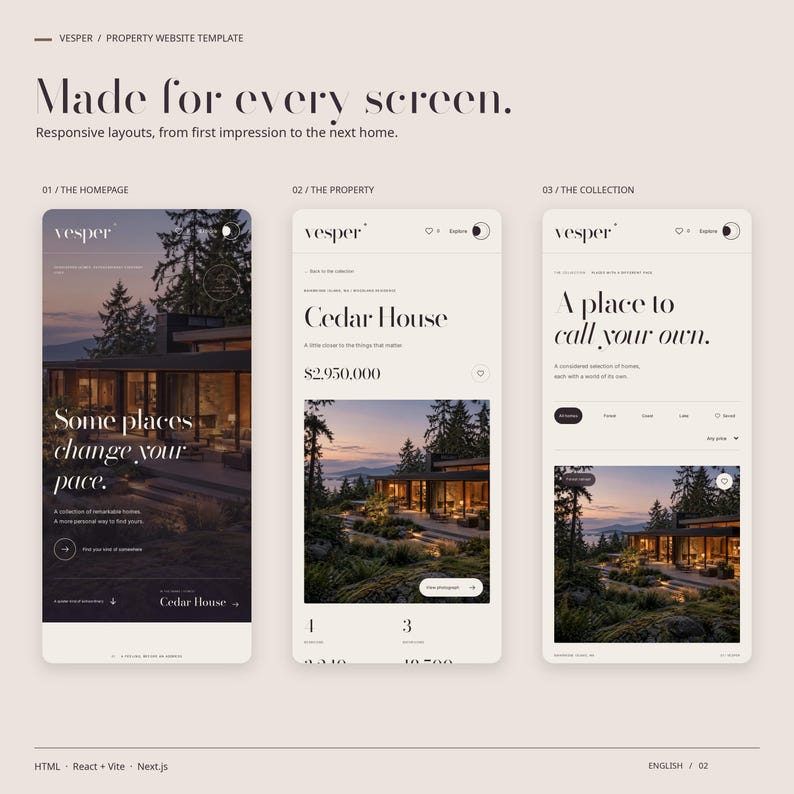 Three mobile views of the VESPER HTML theme: homepage, a property page and the property collection.