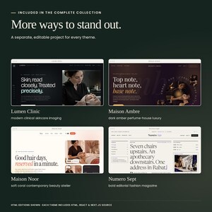 Complete Skincare Theme Collection: actual HTML homepage previews for Lumen Clinic, Maison Ambre, Maison Noor, Numero Sept. Each theme is a separate editable project with HTML, React and Next.js source editions.