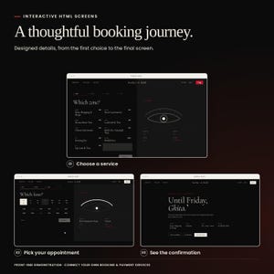 Atelier Kohl: real booking interface states, from choosing a service to the confirmation screen. Front-end demonstrations; no booking backend or payment processing included.