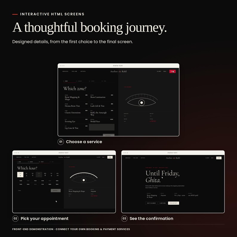Atelier Kohl: real booking interface states, from choosing a service to the confirmation screen. Front-end demonstrations; no booking backend or payment processing included.